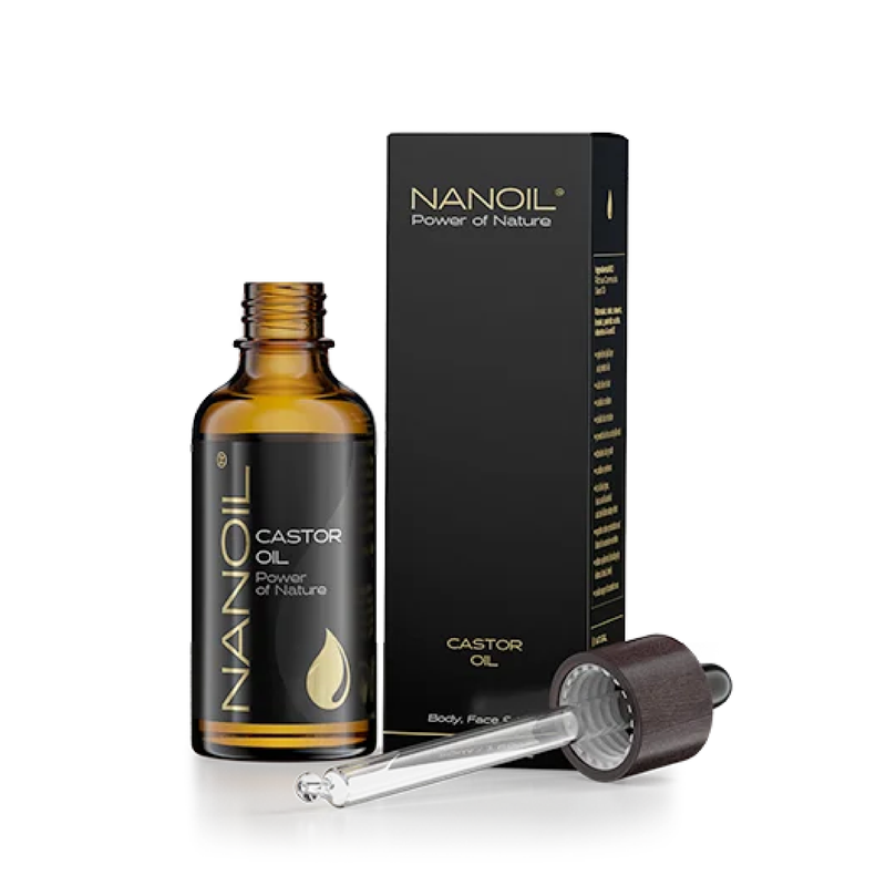 Nanoil Castor Oil - eine braune Glasflasche und eine schwarze Verpackung. Die Flasche ist geöffnet und daneben liegt eine Pipette.